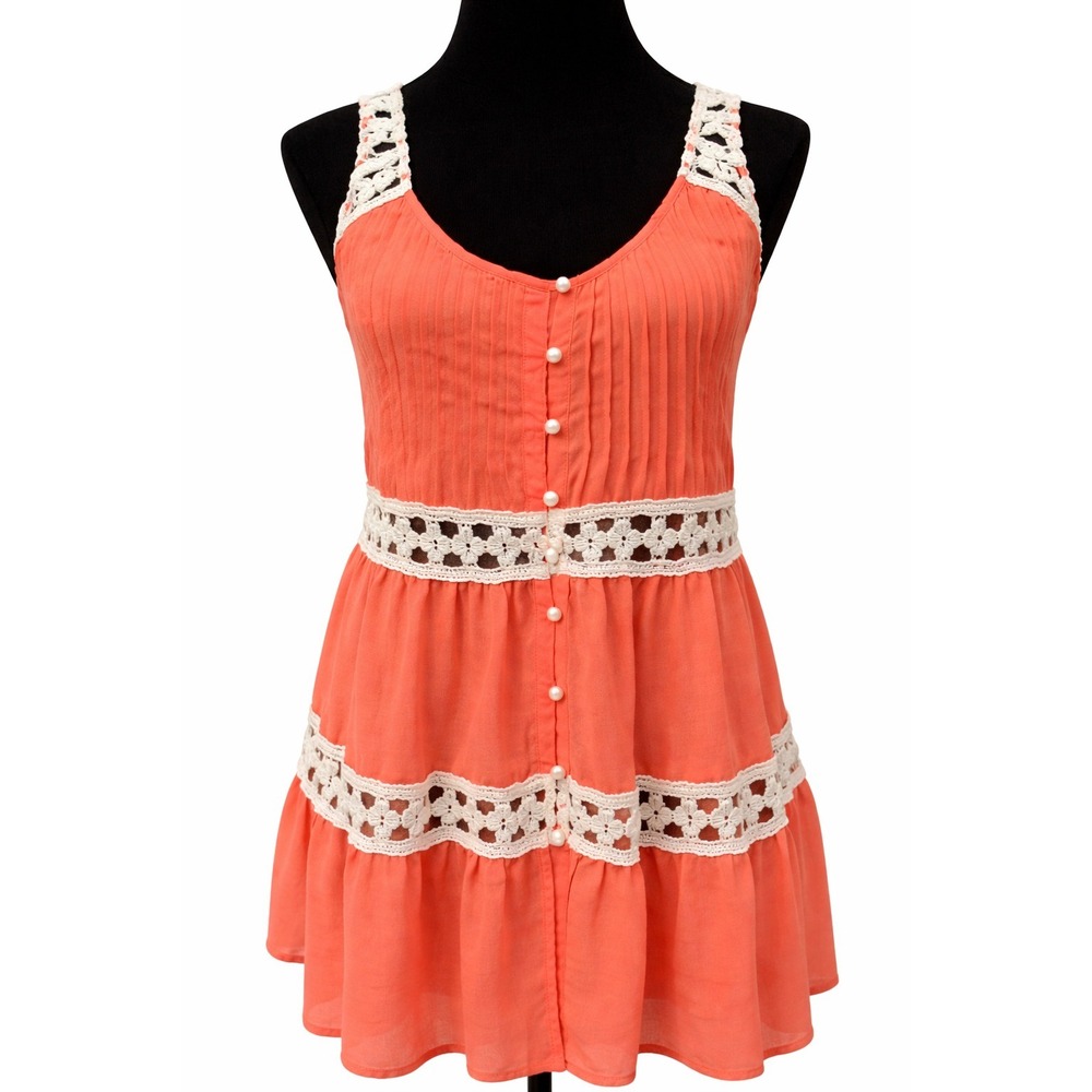 Anthropologie Vanessa Virginia Melisande Tank Top Sz 8 Orange Satin Crochet Trim